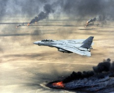 F-14 Tomcat de l'US Navy survolant les puits de pétrole Koweïtiens en flammes.